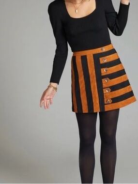 Anthropologie Striped Mini Skirt in Rust and Black with Button Detail